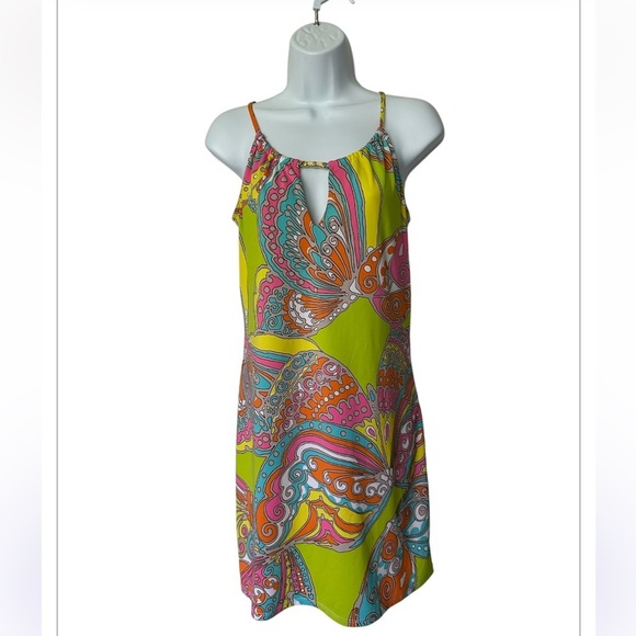 Trina Turk Butterfly Print Halter Dress Vivid Multicolor Excellent Size M - Picture 7 of 8